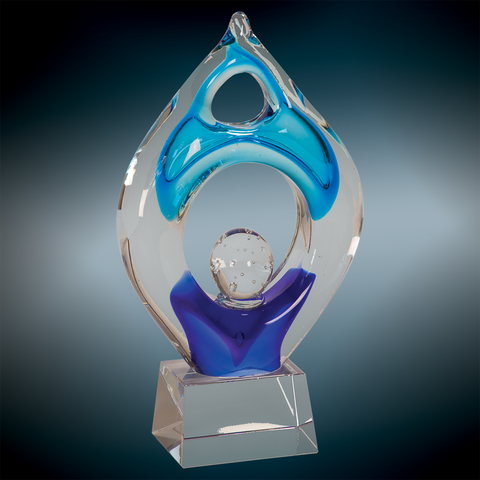 clear and blue glass award trophy