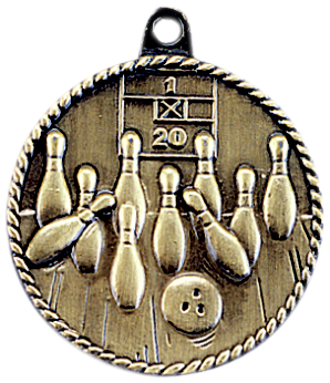 gold bowling medal in a classic High Relief style