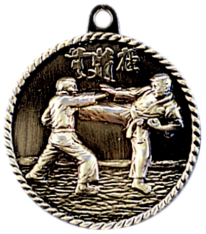 gold karate medal in a classic High Relief style