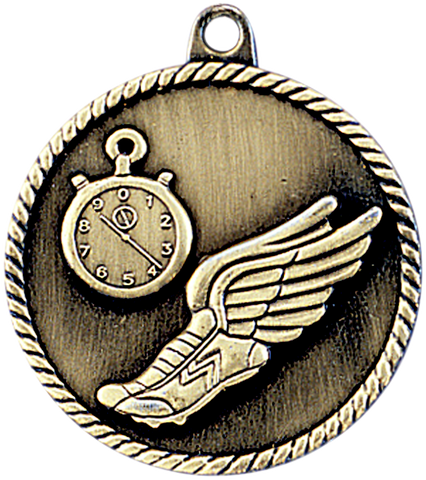 gold track medal in a classic High Relief style