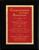 Gloss Black Wood Plaque with Decorative Plate - Retirement Award