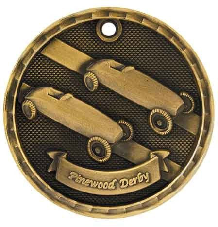 gold pinewood derby medal in a 3D style