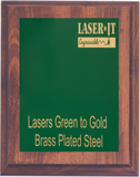 cherry woodgrain plaque with standard green plate, engraves to gold