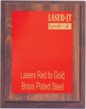 cherry woodgrain plaque with standard red plate, engraves to gold