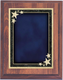 cherry woodgrain plaque with blue starburst decorative plate