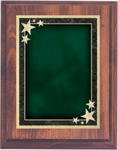 cherry woodgrain plaque with green starburst decorative plate