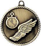 gold track medal in a classic High Relief style