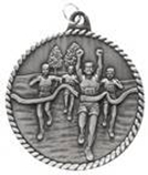 silver cross country or marathon medal in a classic high relief style