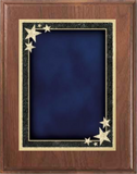 walnut wood plaque with blue starburst decorative plate