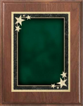 walnut wood plaque with green starburst decorative plate