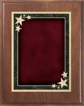 walnut wood plaque with red starburst decorative plate